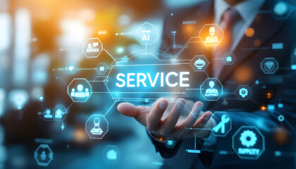 Service Concept, Hand Pointing at Digital Service Interface, Customer Service and Support: Digital Network and Icons, Quality Service and Business Assistance, Digital Interface Graphic