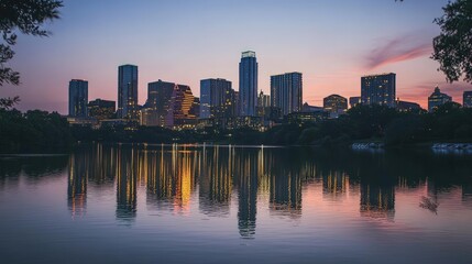 Fototapeta premium Austin Skyline Reflection at Dusk: A Serene Texas Cityscape