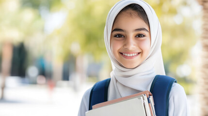 Arabian teenage student girl holding textbook go to school library