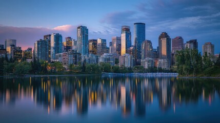 Obraz premium Calgary Skyline Reflection: A Serene Twilight Panorama