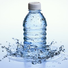 Transparent plastic bottle with sparkling water and bubbles on white background.