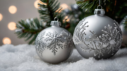 Festive New Year's decorations resting on a blanket of glistening snow, creating a magical and wintry holiday atmosphere