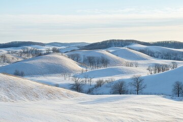 A serene January landscape, with untouched snow covering rolling hills under a pale blue sky, dotted with leafless trees.