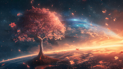 a beautiful scifi inspired cherry tree in space, epic life and death plant