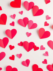Flat lay photography of  red and pink paper hearts floating in the air,  anniversary