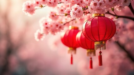 Beautiful red lanterns hanging amidst vibrant cherry blossoms with a soft, bokeh background. Perfect for themes of spring, festivals, and celebrations for evoke a sense of joy and celebration.
