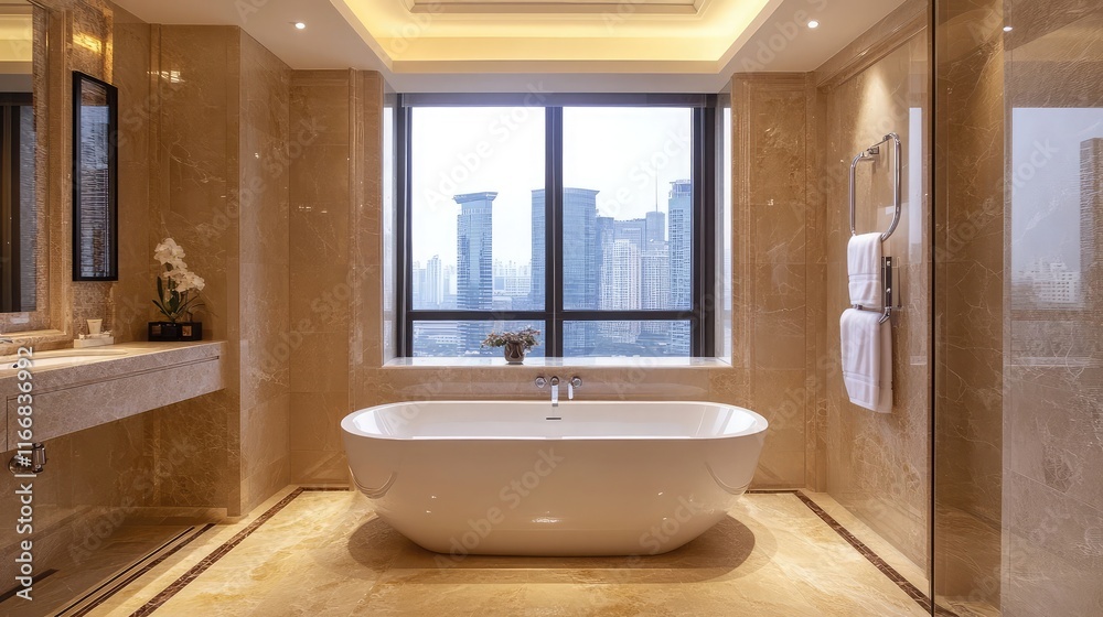 Wall mural Luxurious bathroom with a freestanding bathtub and marble tiles