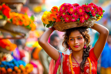 Against the backdrop of a vibrant marketplace, an Indian girl balances baskets of flowers on her head, her graceful movements and steady poise symbolizing the harmony of beauty and practicality.