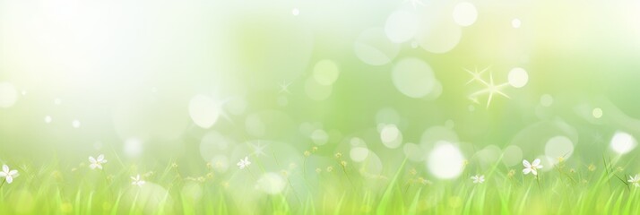 Fototapeta premium Bright green grass with delicate flowers and shimmering light creates a serene outdoor atmosphere in spring