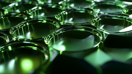 Abstract high tech network of glowing green nodes forming dynamic geometric patterns against a modern green gradient background with crisp and precise details