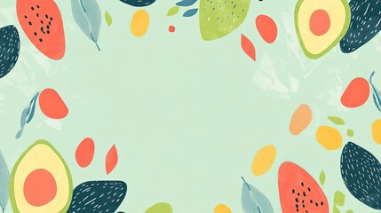A colorful avocado background featuring playful avocado patterns on a soft pastel green surface with central space for text.
