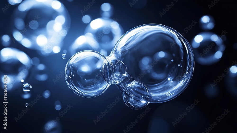 Poster bubbles floating in dark background with light reflections captured in a mesmerizing display of natu
