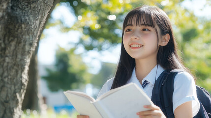 Fototapeta premium Japanese girl sitting on grass under the tree reading a book studying