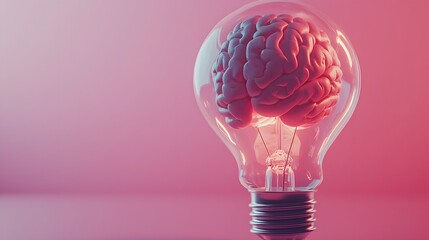 Conceptual depicting a 3D brain model glowing brightly inside a lightbulb symbolizing the power of creative leadership innovative thinking and the illumination of new ideas
