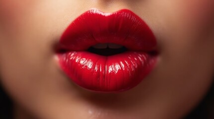 Obraz premium A close-up of lips with red lipstick blowing a kiss
