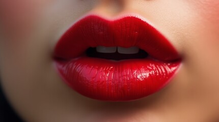 Fototapeta premium A close-up of lips with red lipstick blowing a kiss