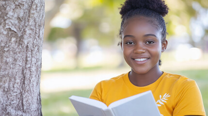 Afro girl sitting on grass under the tree reading a book studying