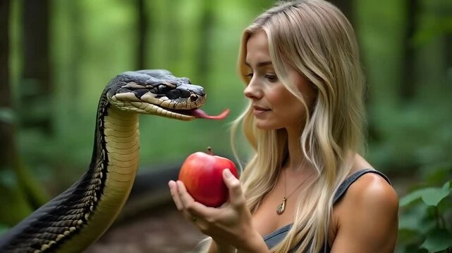 Representation of sin in Adam and Eve: Eve holding a red apple with a snake serpent
