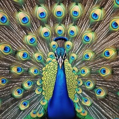 Obraz premium Vibrant peacock with fully fanned feathers.