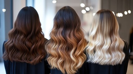 Fototapeta premium A luxurious display of ombre hair color shades transitioning from dark roots to soft caramel and blonde ends.