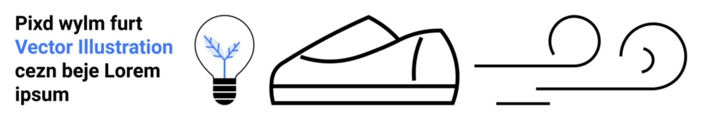 Lightbulb with blue circuitry, minimalist shoe, and abstract swirl lines. Ideal for innovation, technology, creativity, design, footwear, abstract art, and branding. Perfect for landing page