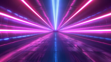 Abstract flight in retro neon hyper warp space in the tunnel 3d illustration