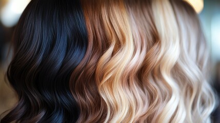 Fototapeta premium A luxurious display of ombre hair color shades transitioning from dark roots to soft caramel and blonde ends.