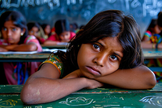 Amidst a crowded classroom, an Indian girl's frustration peaks as she struggles to solve a math problem, anger evident in her creased forehead and frustrated muttering under her breath