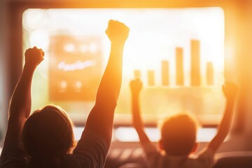 Family celebrating homeownership milestone living room emotional moment warm atmosphere back view financial achievement