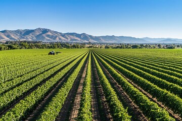 Scenic Vineyard Landscape with Rows of Grapes and Mountain View under Clear Sky