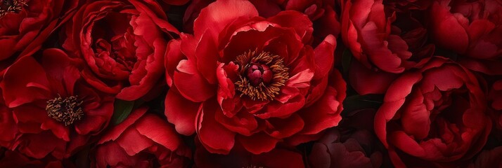 Bright red peonies bloom in full glory in a lush garden setting during spring