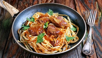 Delicious Spaghetti with Tender Beef Strips and Fresh Herbs in a Pan