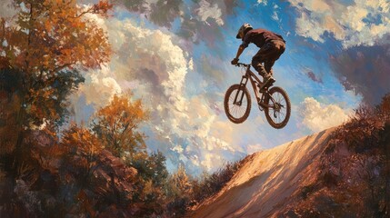 Naklejka premium Mountain bike rider jumping off a dirt ramp