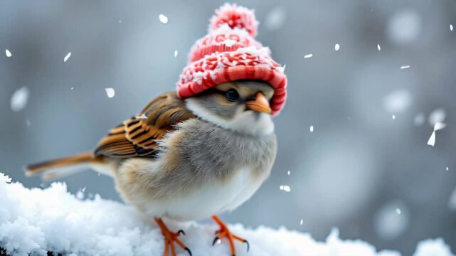 A small bird wearing a red hat is standing on a snowy branch. The hat is red and has a pom pom on top. The bird appears to be enjoying the winter weather and is likely trying to stay warm