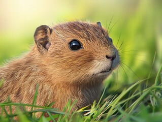 Fototapeta premium Playful rodent enjoying the warm sunlight in a grassy meadow during the afternoon