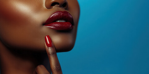 Obraz premium A close-up view of a woman's face highlights her smooth skin and striking red lipstick. She touches her chin thoughtfully, set against a vivid blue backdrop.