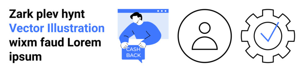 E-commerce cashback concept with a person receiving cash back, user profile, and settings gear icon. Ideal for financial services, user accounts, settings management, website design, app interfaces