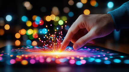 close up of hand interacting with vibrant, colorful display, creating burst of light and energy. scene is filled with bright, glowing dots and sense of digital creativity