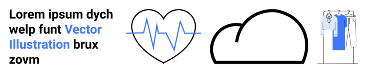 Black text, blue cardiovascular line in heart, cloud, clothes on rack. Ideal for health, weather, fashion, text design technology web product. Landing page
