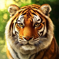 Fototapeta premium Majestic tiger gazes intensely in a lush forest setting during golden hour light