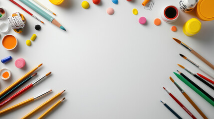 Creative arrangement of art supplies including brushes, paints, and pencils, showcasing vibrant colors and tools for artistic expression