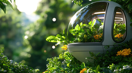 futuristic bio dome city surrounded by lush greenery and vibrant flowers