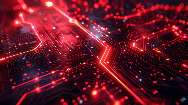 Abstract neon red tech circuit board lines sci-fi banner design. Futuristic computer chip background. Vector glowing illustration
