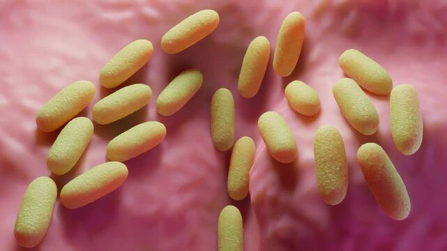 A magnified view of Salmonella typhimurium bacteria, appearing as rod-shaped structures