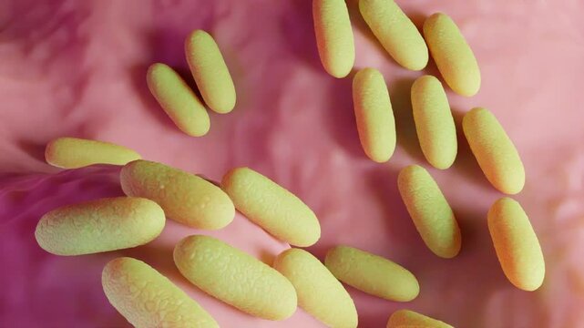 A magnified view of Salmonella typhimurium bacteria, appearing as rod-shaped structures