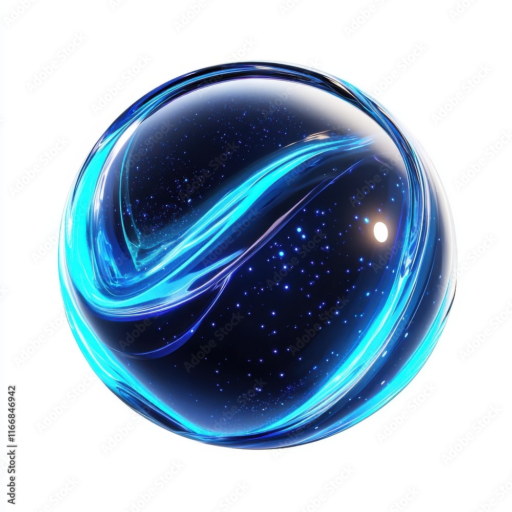 Poster a mesmerizing blue and black orb with luminous swirls and starlit patterns, creating an otherworldly