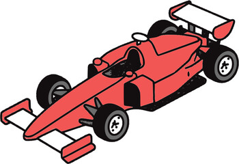 Front isometric view of a simple red formula 1 car vector icon isolated on a transparent background.