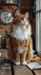 Curious Tabby Cat Gazing at Computer Screen, Warm Sunlight Streams Indoors, Detailed Close-Up
