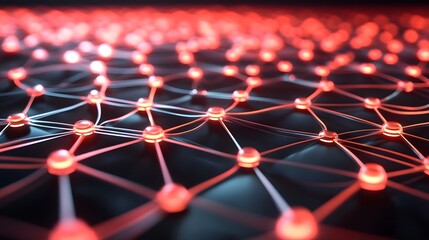 Glowing geometric network of interconnected nodes forming fluid dynamic designs on a modern dark red backdrop with high tech clarity and detail  Conceptual abstract tech