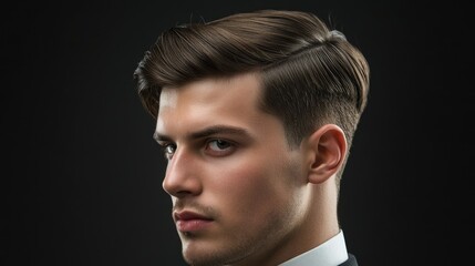 A stylish men hairstyle with sharp side parts, glossy hair combed neatly, and faded sides for a formal look.
